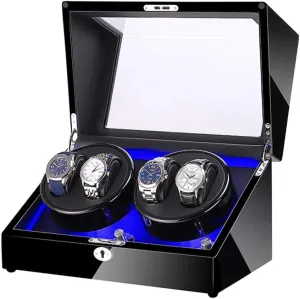 Automatic Watch Winder with Super Quiet Motor and Blue LED Light Piano Finish Black Leather Lining 4 Rotation Mode Setting Watch Winder Watch Box Best Gift