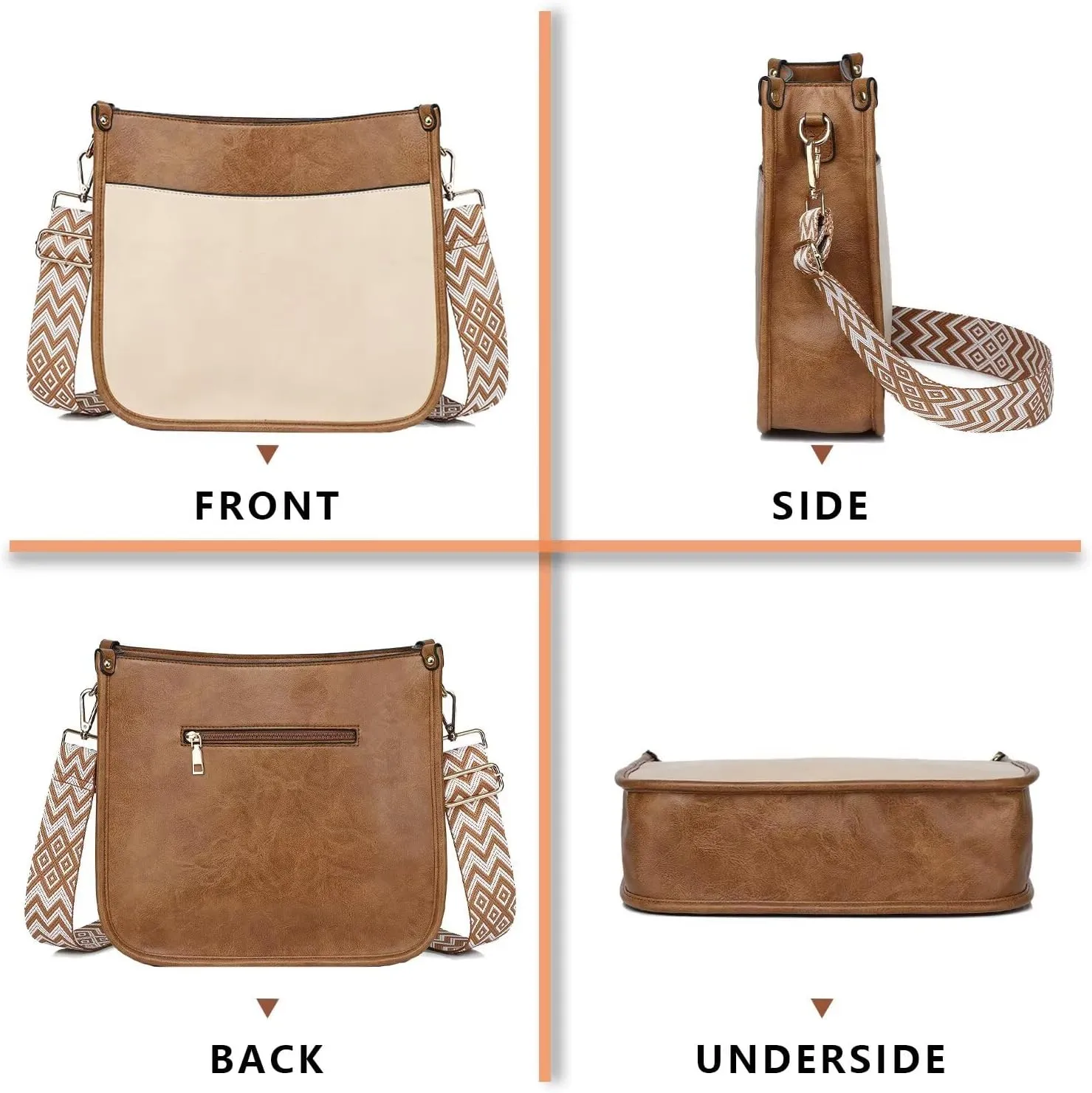 AUYOCO Vegan Leather Crossbody Bags for Women, Crossbody Purse with Guitar Strap Zipped Pockets Handbag Shoulder Bag