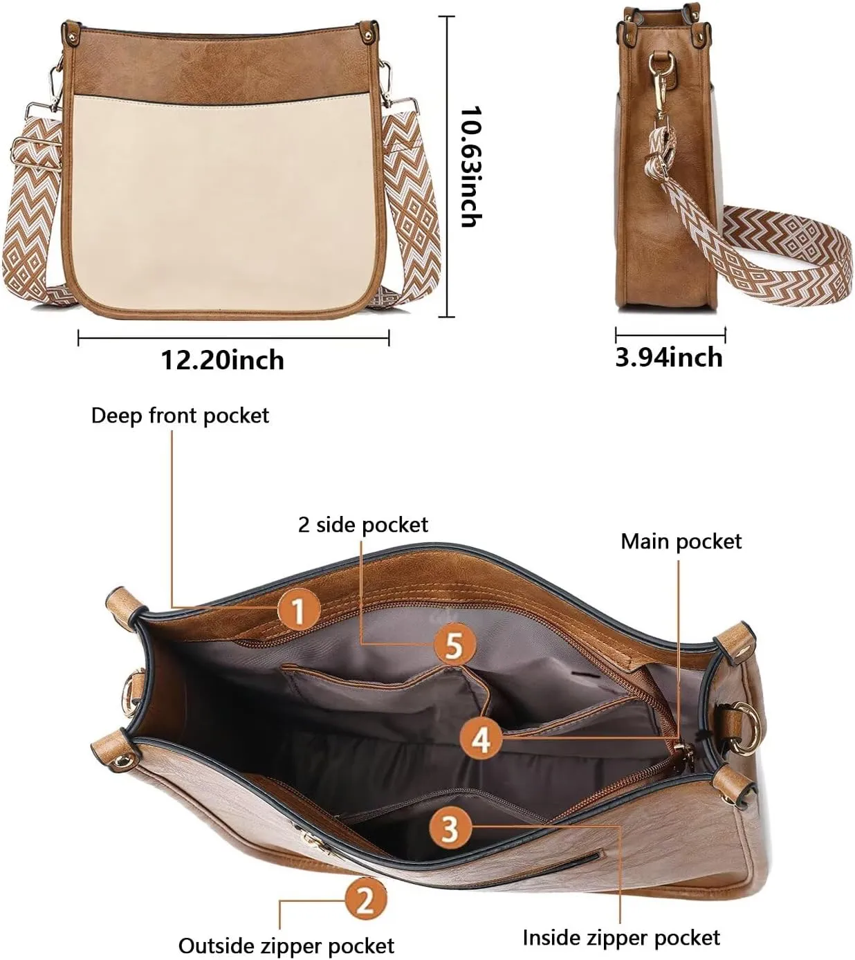 AUYOCO Vegan Leather Crossbody Bags for Women, Crossbody Purse with Guitar Strap Zipped Pockets Handbag Shoulder Bag