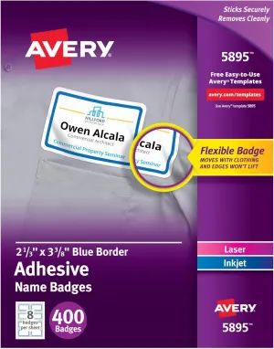 Avery Flexible Printable Name Tags, 2-1/3" x 3-3/8", White with Blue Border, 400 Removable Name Badges (05895)
