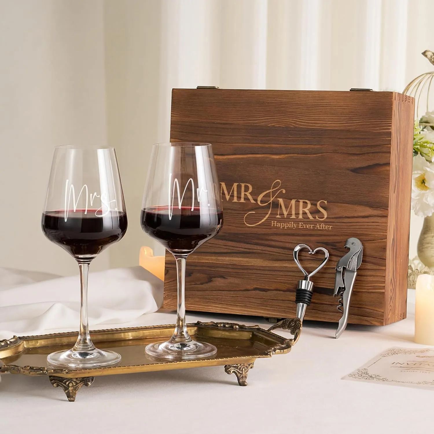 AW BRIDAL Wedding Gifts Bridal Shower Gifts Engagement Gift for Couples Newlyweds Mr & Mrs Wedding Wine Glasses Set of 2 - Wine Opener Wine Stopper with Engraved Wooden Keepsake Box