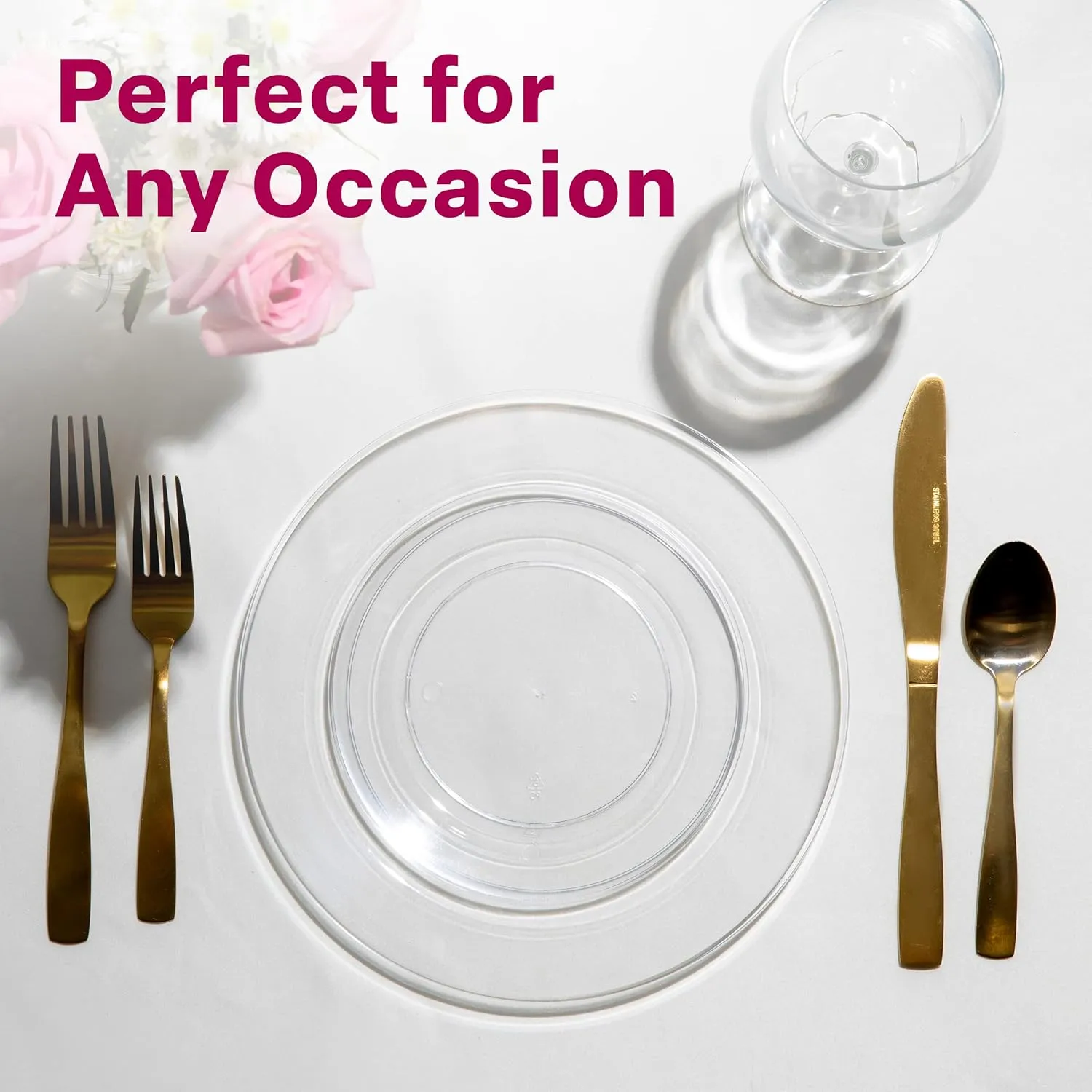 Aya's Cutlery Kingdom 100 Clear Plastic Plates for Party, Heavy Duty Disposable Set of 50 Dinner and 50 Dessert Plates, Elegant Fancy Design for Weddings, Parties, and Special Events