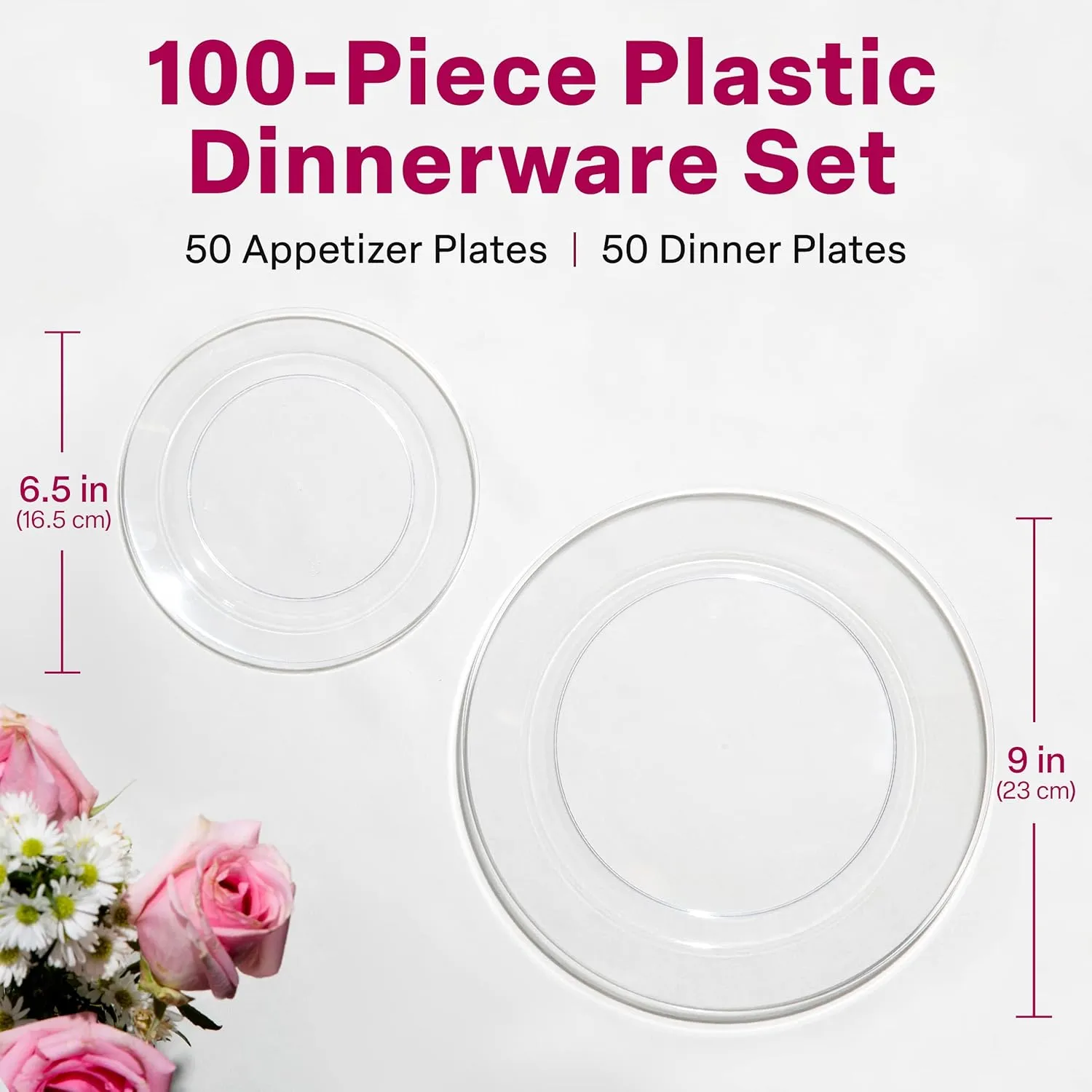 Aya's Cutlery Kingdom 100 Clear Plastic Plates for Party, Heavy Duty Disposable Set of 50 Dinner and 50 Dessert Plates, Elegant Fancy Design for Weddings, Parties, and Special Events