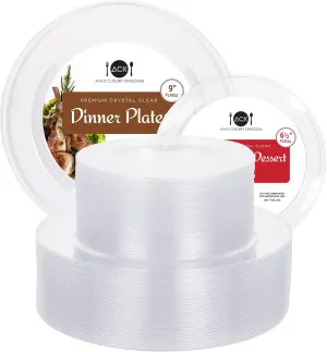 Aya's Cutlery Kingdom 100 Clear Plastic Plates for Party, Heavy Duty Disposable Set of 50 Dinner and 50 Dessert Plates, Elegant Fancy Design for Weddings, Parties, and Special Events