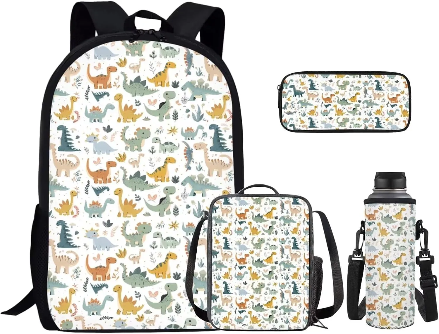 Baby Dinosaur Kids School Bag 5-7 Little Girl Backpack with Lunch Carrying Case and Zip Pencil Pouch Stylish 4 pcs Backpack Set Shoulder Bag with Soft Padding for School Library