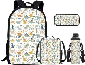 Baby Dinosaur Kids School Bag 5-7 Little Girl Backpack with Lunch Carrying Case and Zip Pencil Pouch Stylish 4 pcs Backpack Set Shoulder Bag with Soft Padding for School Library