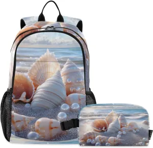 Backpack Beach Seashell Sunrise for School Boys Girls and Teens, Backpack for Men and Women, Lightweight Bookbag with Lunch Box Travel Laptop Daypack 18.5 x 11.8 In