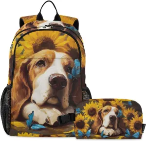 Backpack Bloodhound Dog Sunlower Cute for School Boys Girls and Teens, Backpack for Men and Women, Lightweight Bookbag with Lunch Box Travel Laptop Daypack 18.5 x 11.8 In