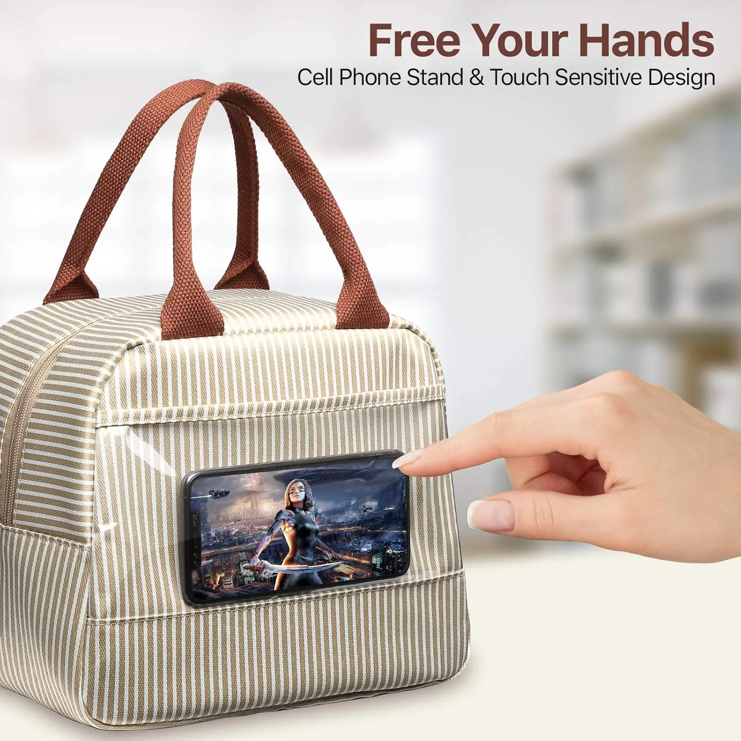 Bagseri Insulated Lunch Bag Women - Lunch Bag for Women Men Reusable Lunch Box Leakproof Thermal Cooler Sack Food Handbags Case High Capacity for Work and Picnic (Khaki White Stripe)