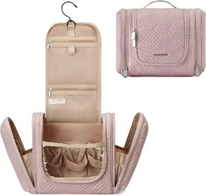BAGSMART Large Travel Toiletry Bag for Women, Hanging Toiletry Bag with Hook, Travel Cosmetic Makeup Bag Travel Organizer for Accessories, Shampoo, Full Sized Container, Toiletries,Pink-Large
