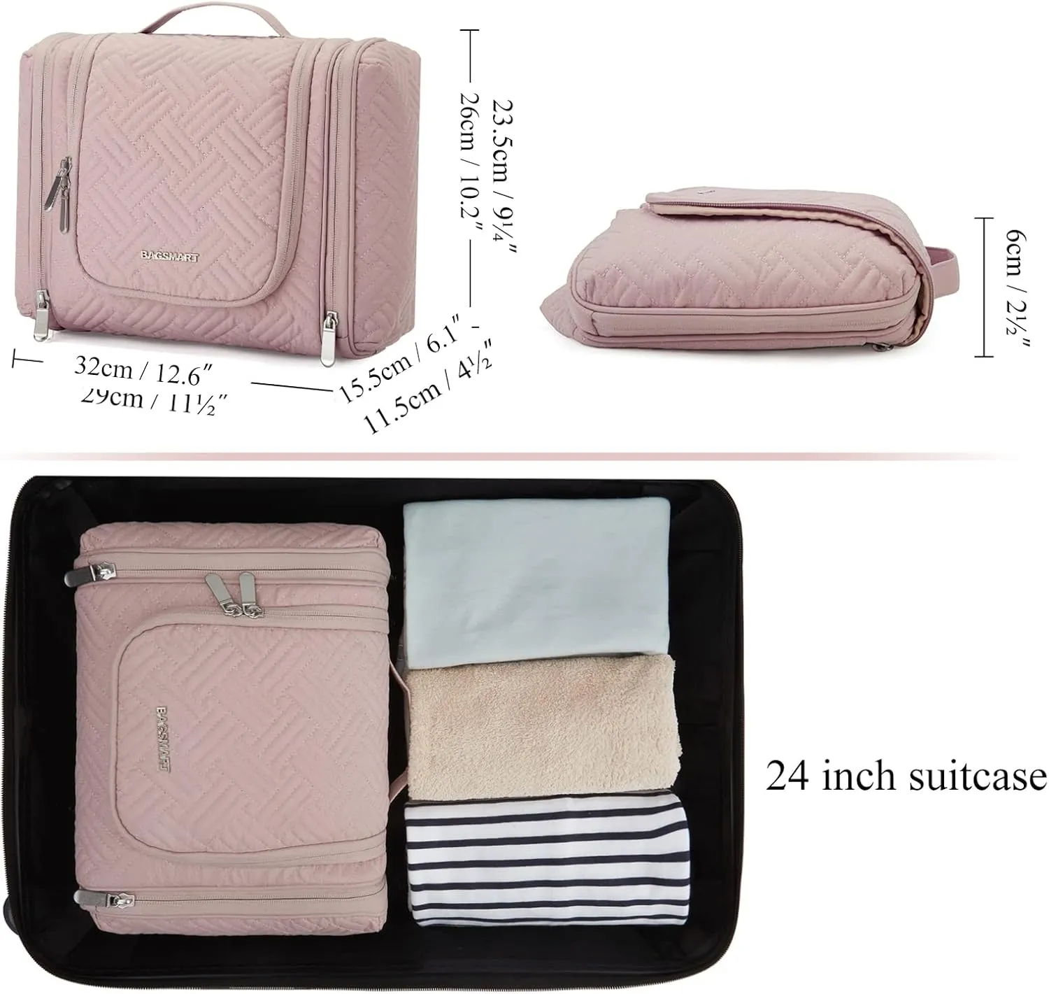 BAGSMART Large Travel Toiletry Bag for Women, Hanging Toiletry Bag with Hook, Travel Cosmetic Makeup Bag Travel Organizer for Accessories, Shampoo, Full Sized Container, Toiletries,Pink-Large