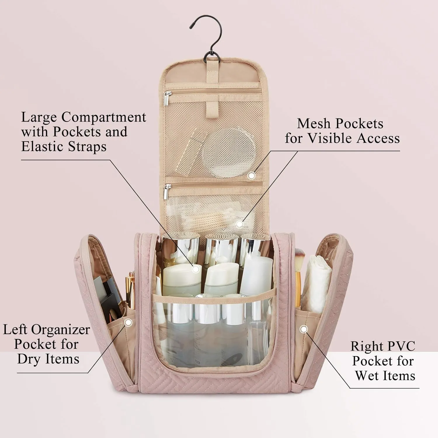 BAGSMART Large Travel Toiletry Bag for Women, Hanging Toiletry Bag with Hook, Travel Cosmetic Makeup Bag Travel Organizer for Accessories, Shampoo, Full Sized Container, Toiletries,Pink-Large