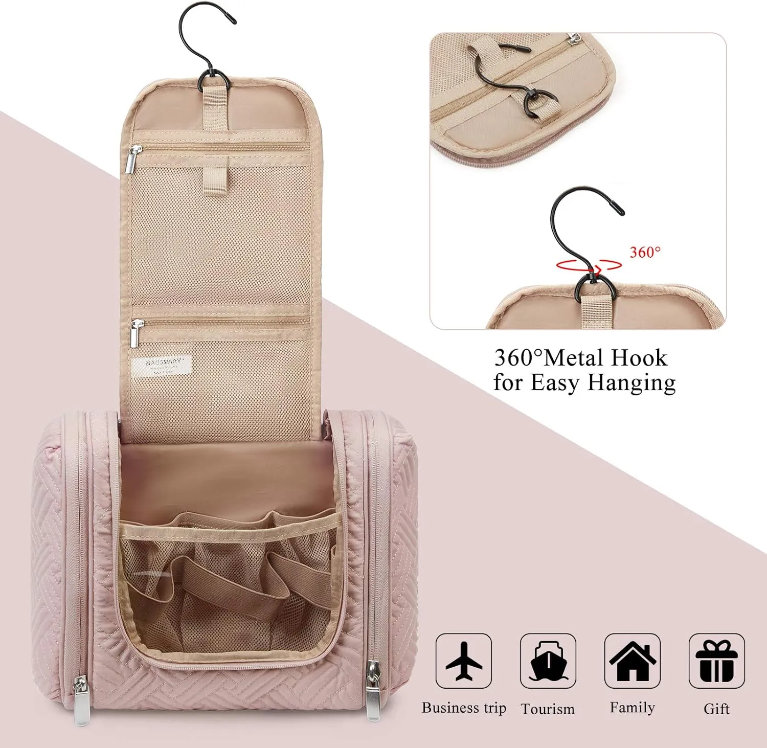 BAGSMART Large Travel Toiletry Bag for Women, Hanging Toiletry Bag with Hook, Travel Cosmetic Makeup Bag Travel Organizer for Accessories, Shampoo, Full Sized Container, Toiletries,Pink-Large