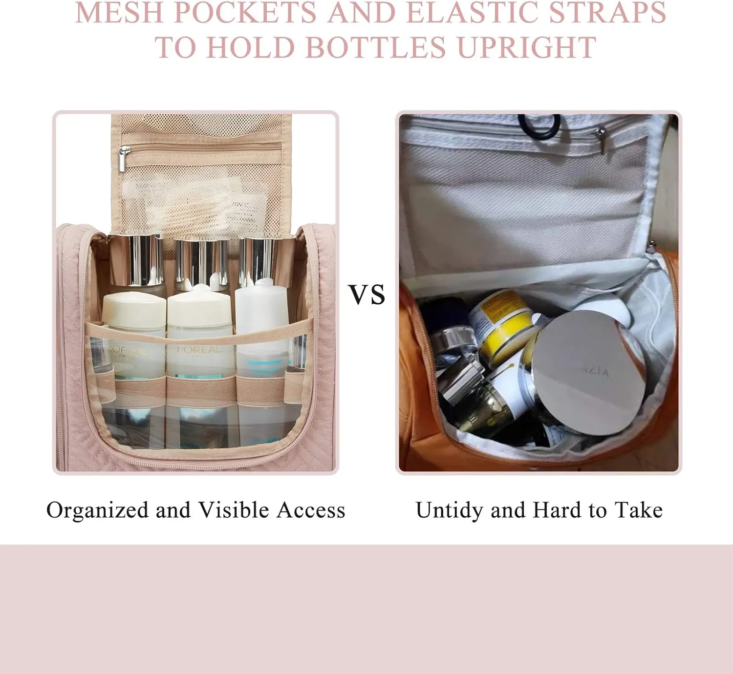 BAGSMART Large Travel Toiletry Bag for Women, Hanging Toiletry Bag with Hook, Travel Cosmetic Makeup Bag Travel Organizer for Accessories, Shampoo, Full Sized Container, Toiletries,Pink-Large