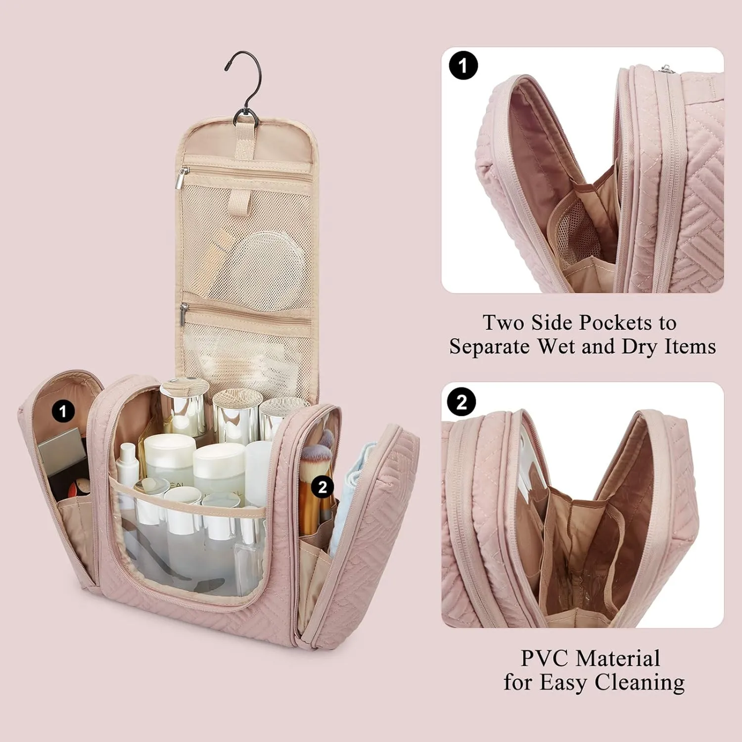 BAGSMART Large Travel Toiletry Bag for Women, Hanging Toiletry Bag with Hook, Travel Cosmetic Makeup Bag Travel Organizer for Accessories, Shampoo, Full Sized Container, Toiletries,Pink-Large