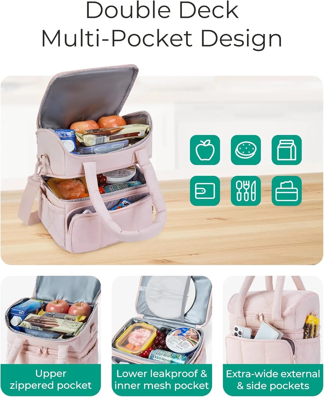 BAGSMART Lunch Bag Women, Double Deck Insulated Lunch Box, Quilted Puffer Lunch Tote, Leakproof, Durable & Reusable Large Lunch Cooler For Work Picnic Travel Meal Prep, Dark Pink