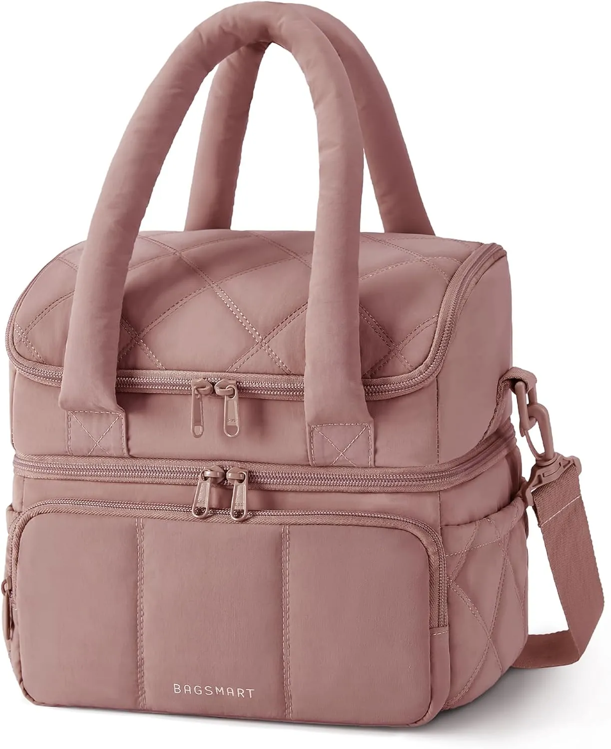 BAGSMART Lunch Bag Women, Double Deck Insulated Lunch Box, Quilted Puffer Lunch Tote, Leakproof, Durable & Reusable Large Lunch Cooler For Work Picnic Travel Meal Prep, Dark Pink
