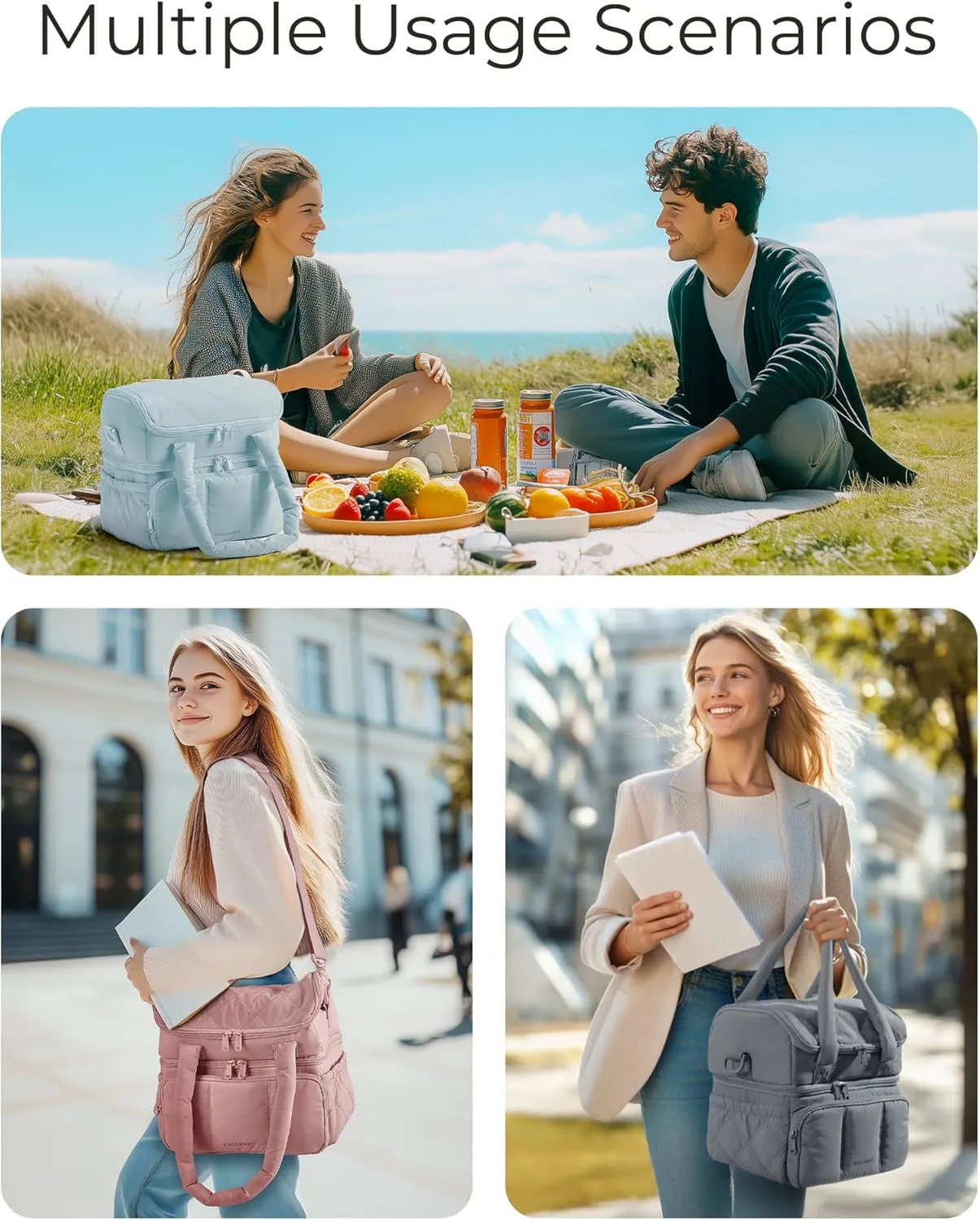 BAGSMART Lunch Bag Women, Double Deck Insulated Lunch Box, Quilted Puffer Lunch Tote, Leakproof, Durable & Reusable Large Lunch Cooler For Work Picnic Travel Meal Prep, Dark Pink