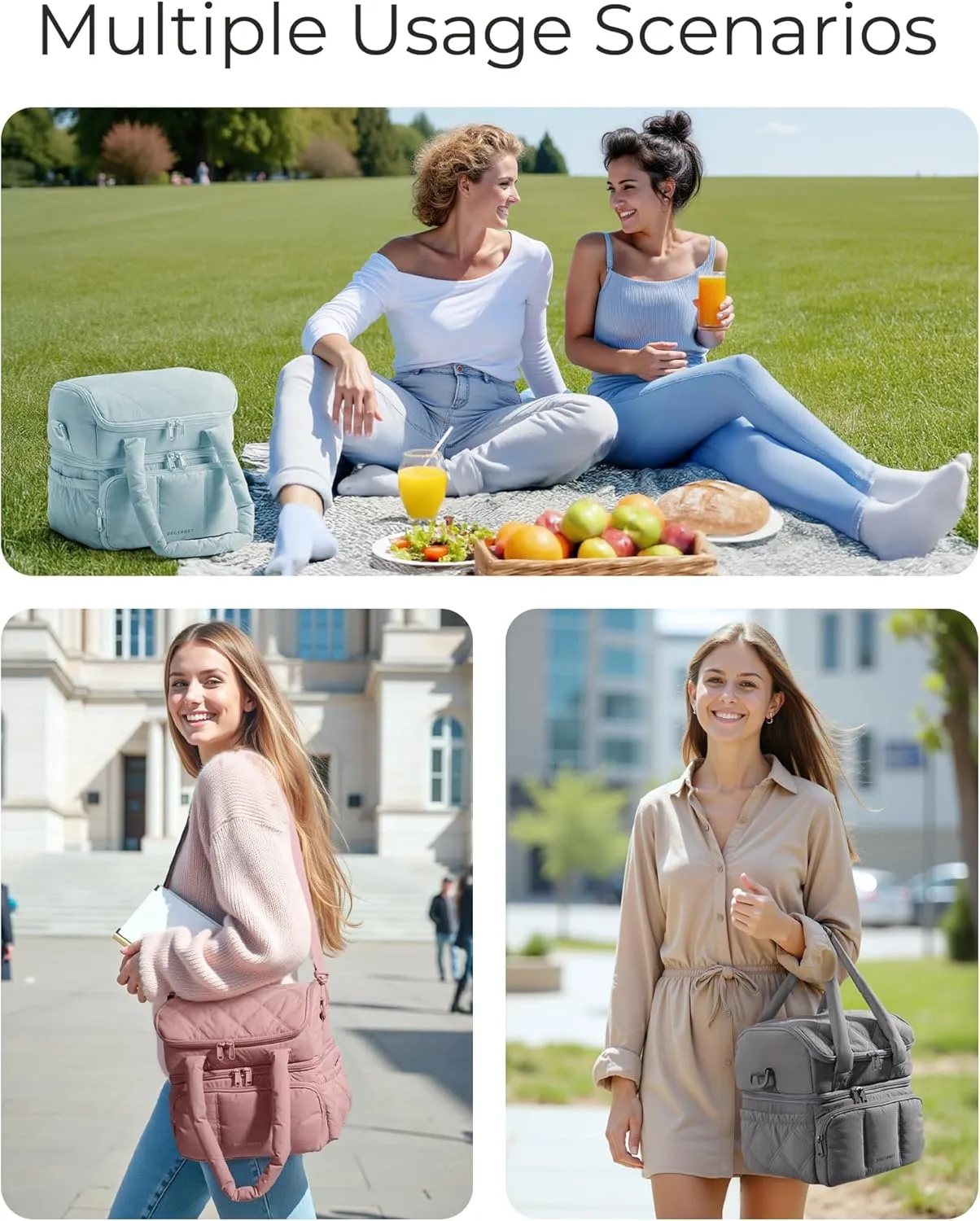 BAGSMART Lunch Bag Women, Double Deck Insulated Lunch Box, Quilted Puffer Lunch Tote, Leakproof, Durable & Reusable Large Lunch Cooler For Work Picnic Travel Meal Prep, Light Blue