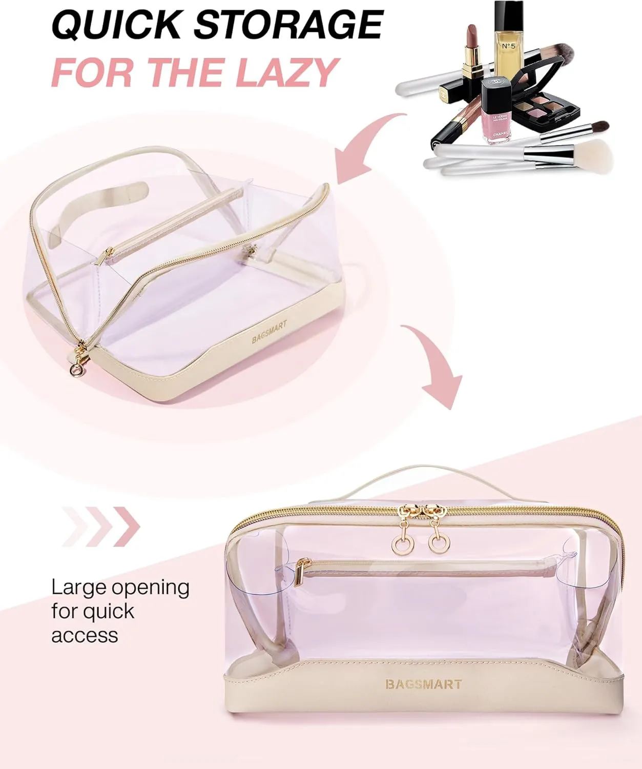 BAGSMART Makeup Bag Cosmetic Bag, Clear Travel Makeup Bag,Water-resistent Makeup Bags for Women Doram Room Essentials Portable Pouch Open Flat Make Up Organizer Bag for Toiletries, Brushes Brown