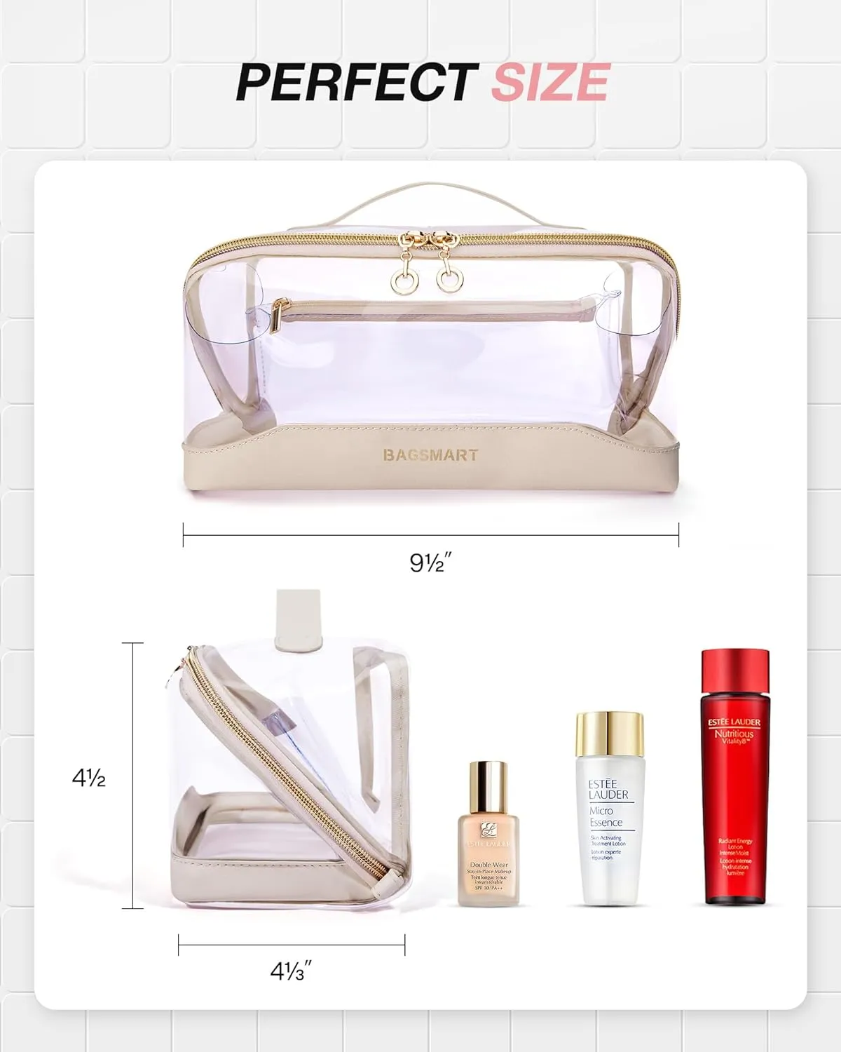 BAGSMART Makeup Bag Cosmetic Bag, Clear Travel Makeup Bag,Water-resistent Makeup Bags for Women Doram Room Essentials Portable Pouch Open Flat Make Up Organizer Bag for Toiletries, Brushes Brown
