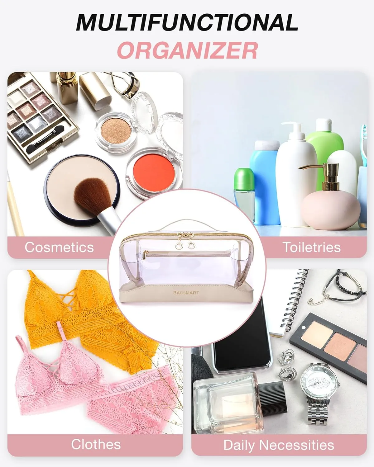 BAGSMART Makeup Bag Cosmetic Bag, Clear Travel Makeup Bag,Water-resistent Makeup Bags for Women Doram Room Essentials Portable Pouch Open Flat Make Up Organizer Bag for Toiletries, Brushes Brown