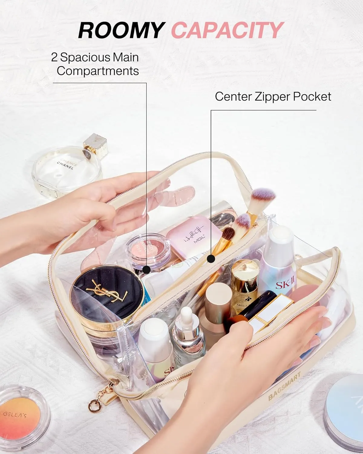 BAGSMART Makeup Bag Cosmetic Bag, Clear Travel Makeup Bag,Water-resistent Makeup Bags for Women Doram Room Essentials Portable Pouch Open Flat Make Up Organizer Bag for Toiletries, Brushes Brown