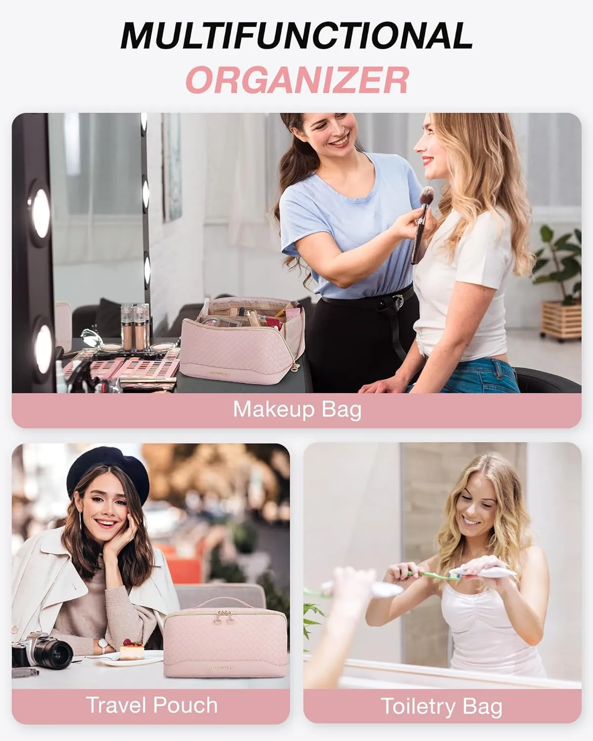 BAGSMART Makeup Bag Cosmetic Bag, Travel Makeup Bag, PU leather Makeup Bags for Women Portable Water-resistent Pouch Open Flat Make Up Organizer Bag for Toiletries, Brushes, Leather Pink