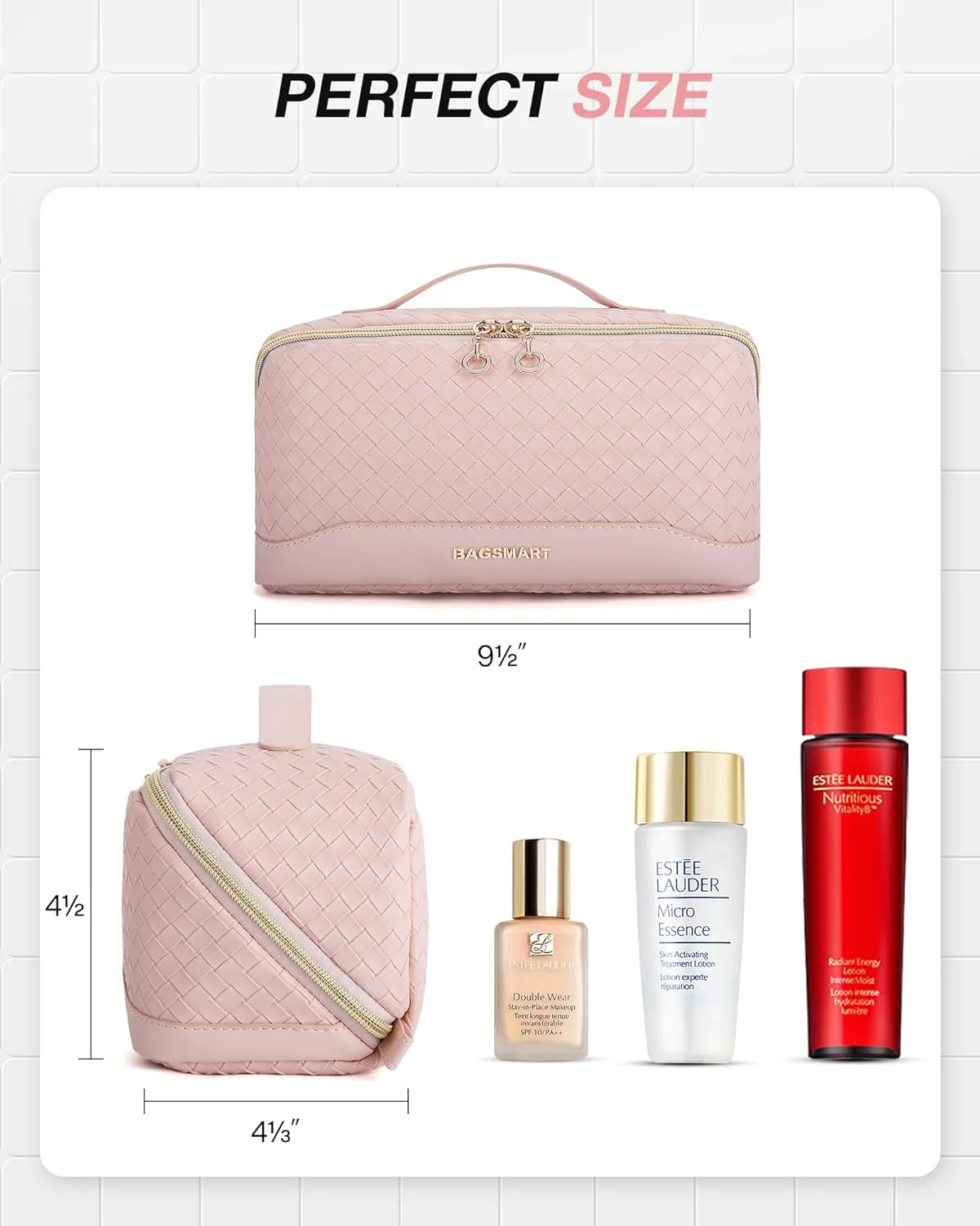 BAGSMART Makeup Bag Cosmetic Bag, Travel Makeup Bag, PU leather Makeup Bags for Women Portable Water-resistent Pouch Open Flat Make Up Organizer Bag for Toiletries, Brushes, Leather Pink