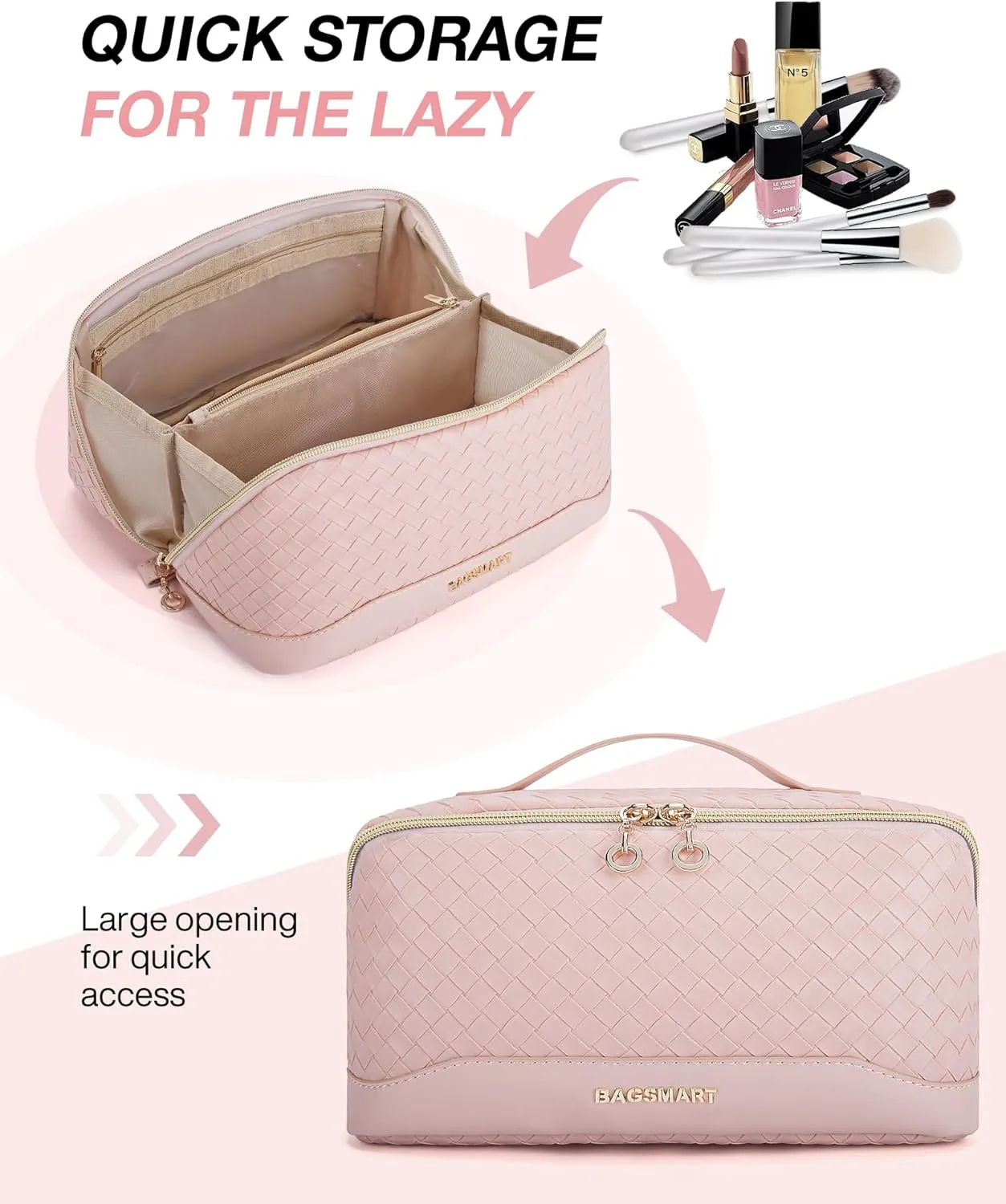 BAGSMART Makeup Bag Cosmetic Bag, Travel Makeup Bag, PU leather Makeup Bags for Women Portable Water-resistent Pouch Open Flat Make Up Organizer Bag for Toiletries, Brushes, Leather Pink