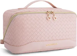 BAGSMART Makeup Bag Cosmetic Bag, Travel Makeup Bag, PU leather Makeup Bags for Women Portable Water-resistent Pouch Open Flat Make Up Organizer Bag for Toiletries, Brushes, Leather Pink