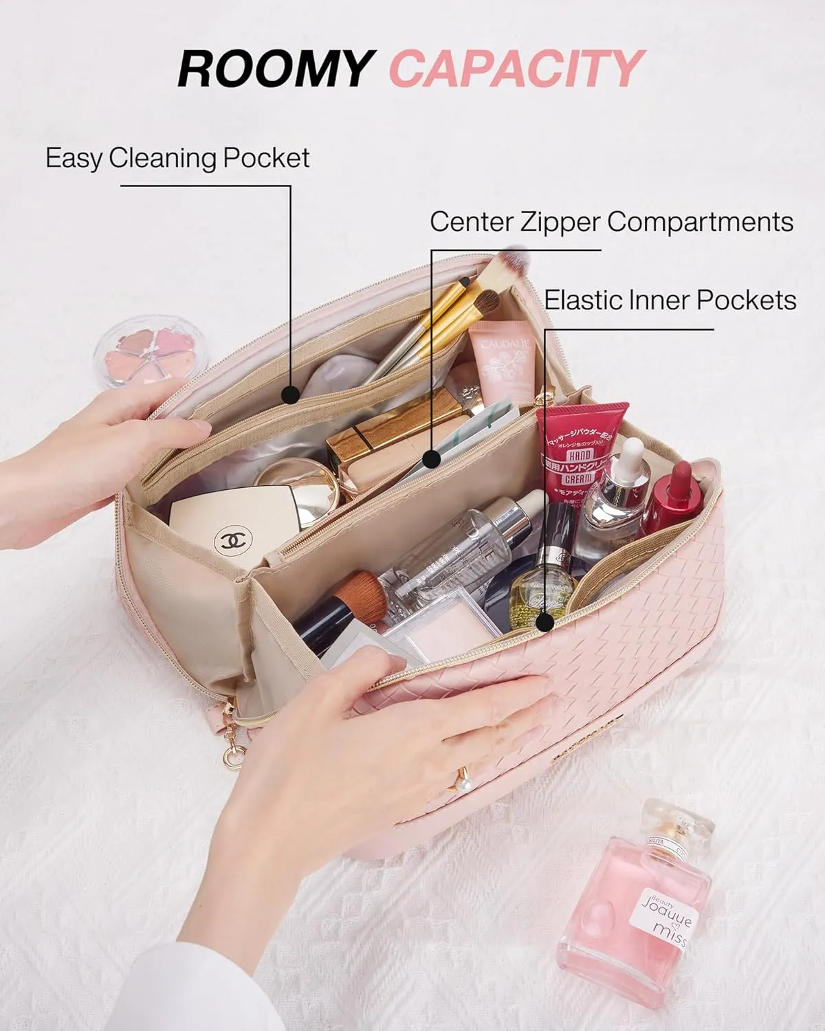 BAGSMART Makeup Bag Cosmetic Bag, Travel Makeup Bag, PU leather Makeup Bags for Women Portable Water-resistent Pouch Open Flat Make Up Organizer Bag for Toiletries, Brushes, Leather Pink