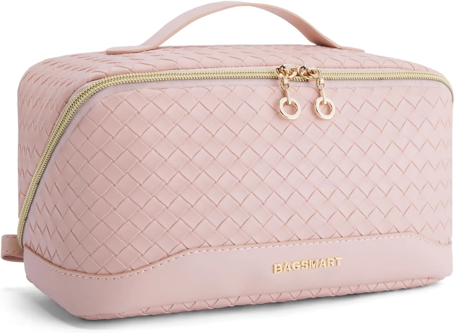 BAGSMART Makeup Bag Cosmetic Bag, Travel Makeup Bag, PU leather Makeup Bags for Women Portable Water-resistent Pouch Open Flat Make Up Organizer Bag for Toiletries, Brushes, Leather Pink