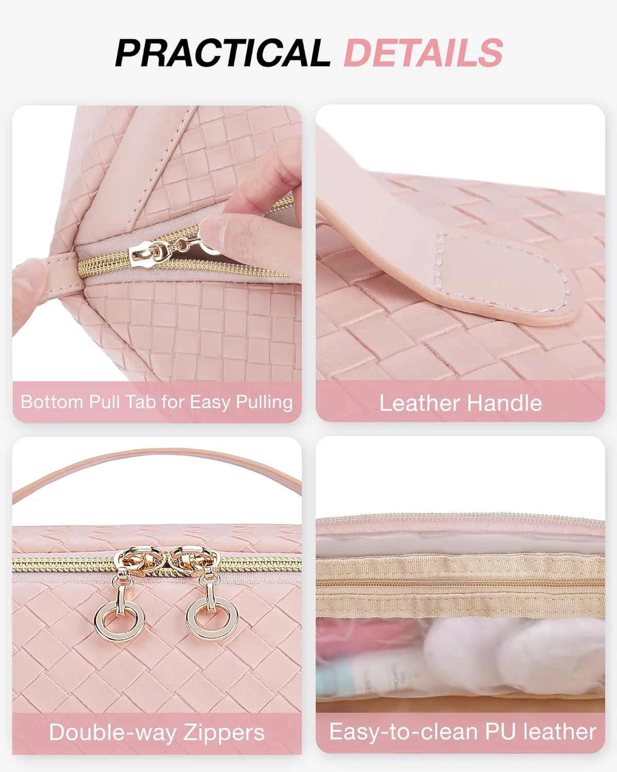 BAGSMART Makeup Bag Cosmetic Bag, Travel Makeup Bag, PU leather Makeup Bags for Women Portable Water-resistent Pouch Open Flat Make Up Organizer Bag for Toiletries, Brushes, Leather Pink