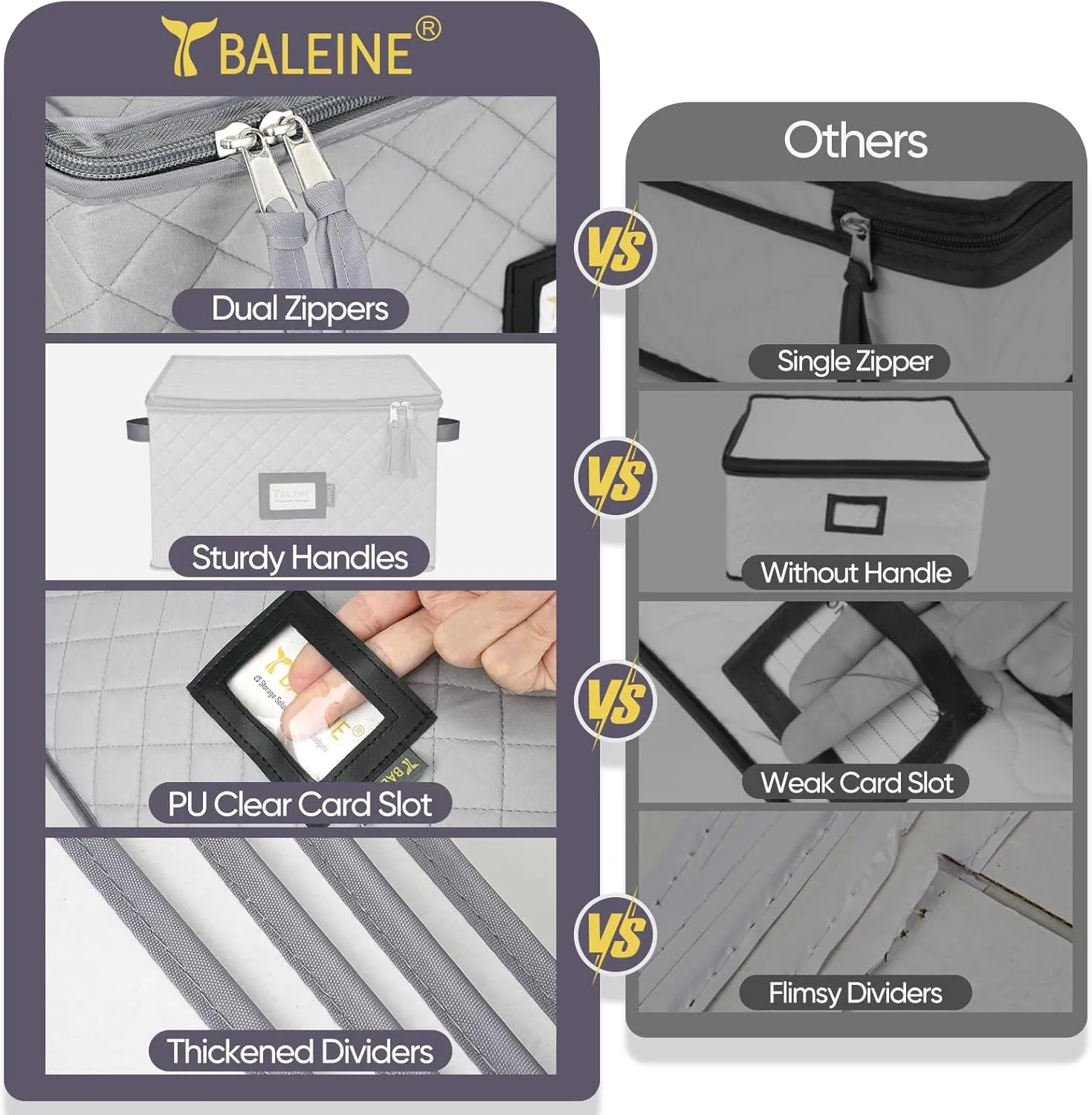 BALEINE China Storage Containers, Sturdy Quilted Wine Glass Storage, Plate Organizer with Carry Handles, Moving Boxes for Dishes, Cups, Mugs and Stemware (Wine Glasses, Soft Shell Grey)