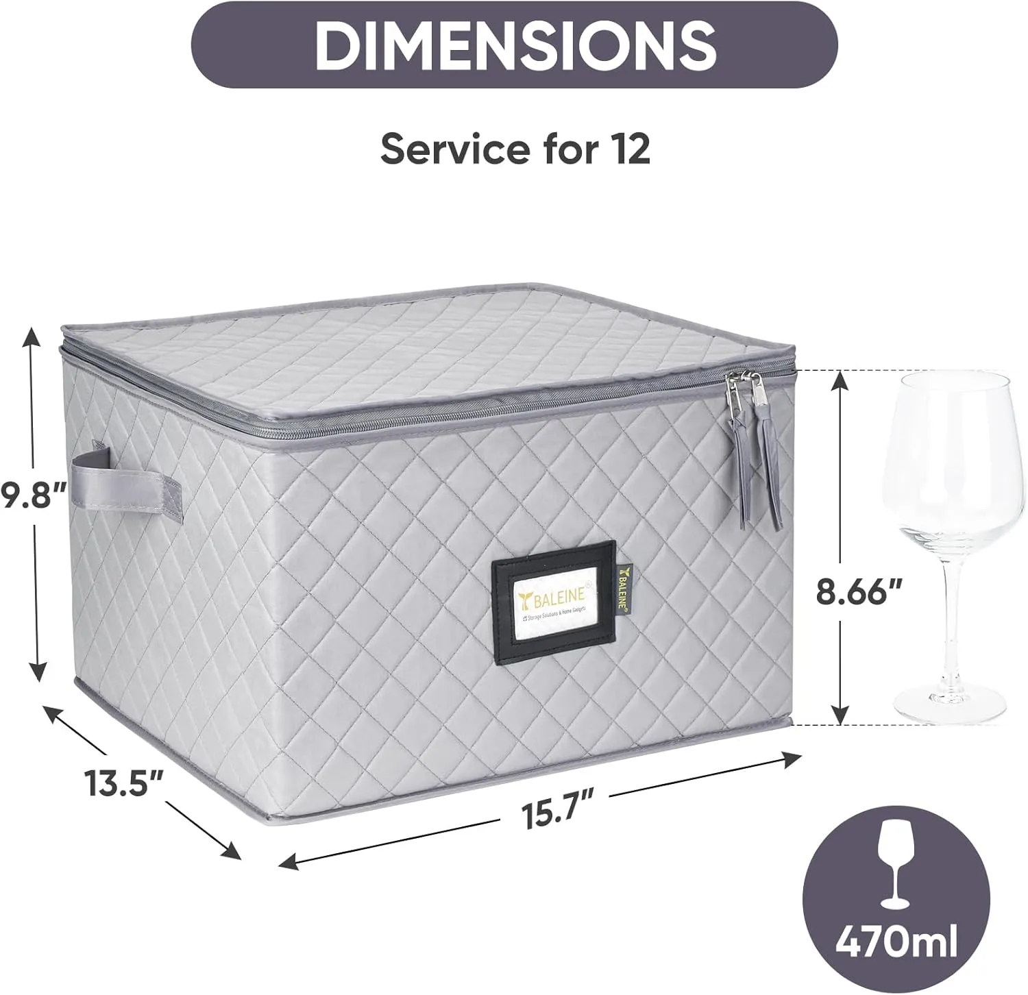 BALEINE China Storage Containers, Sturdy Quilted Wine Glass Storage, Plate Organizer with Carry Handles, Moving Boxes for Dishes, Cups, Mugs and Stemware (Wine Glasses, Soft Shell Grey)