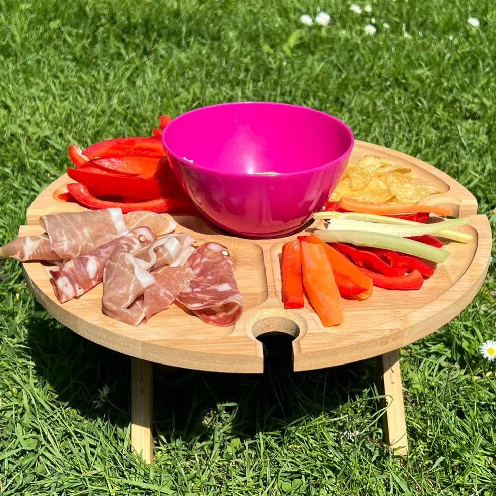 Bamboo folding chip n dip platter w/wine glass holders