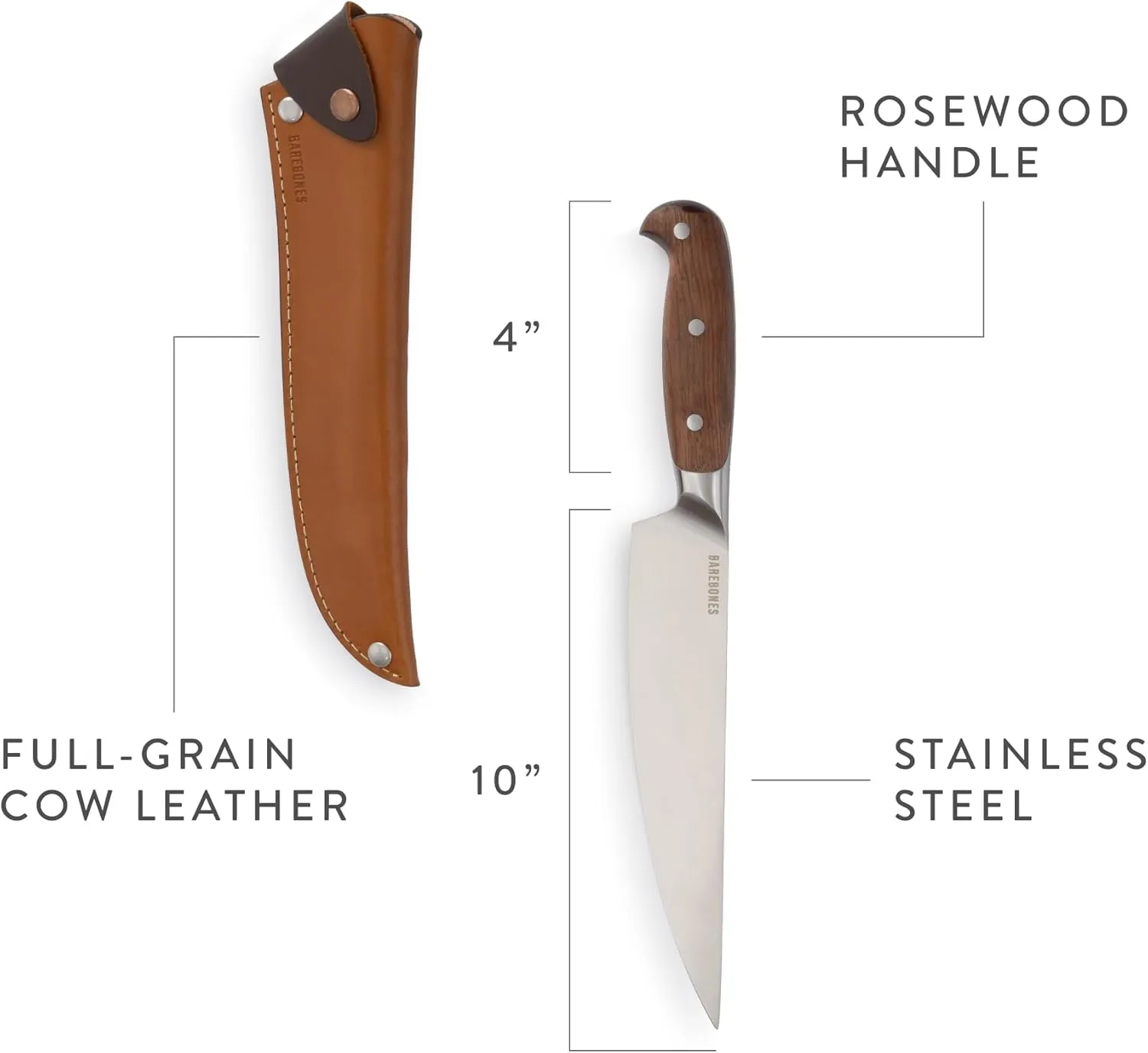 Barebones Wilderness Chef Knife - 8-Inch Stainless Steel Blade, Full Tang, Rosewood Handle, Leather Sheath. Versatile Outdoor and Kitchen Knife for Chopping, Slicing, and Dicing
