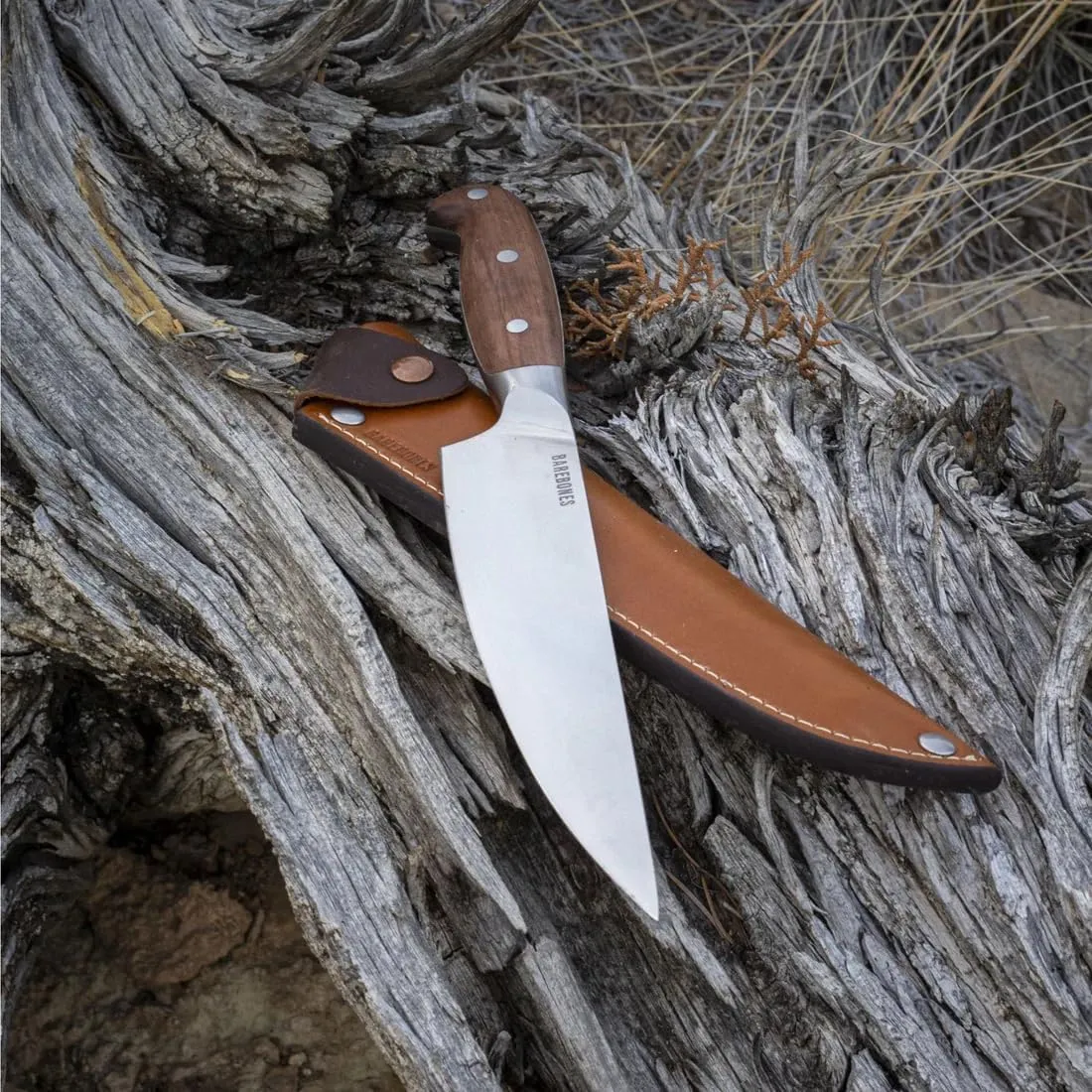 Barebones Wilderness Chef Knife - 8-Inch Stainless Steel Blade, Full Tang, Rosewood Handle, Leather Sheath. Versatile Outdoor and Kitchen Knife for Chopping, Slicing, and Dicing