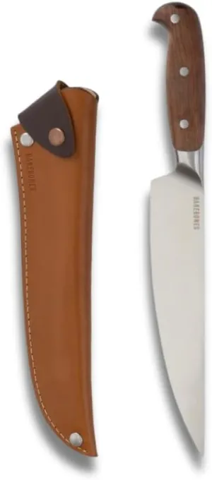 Barebones Wilderness Chef Knife - 8-Inch Stainless Steel Blade, Full Tang, Rosewood Handle, Leather Sheath. Versatile Outdoor and Kitchen Knife for Chopping, Slicing, and Dicing