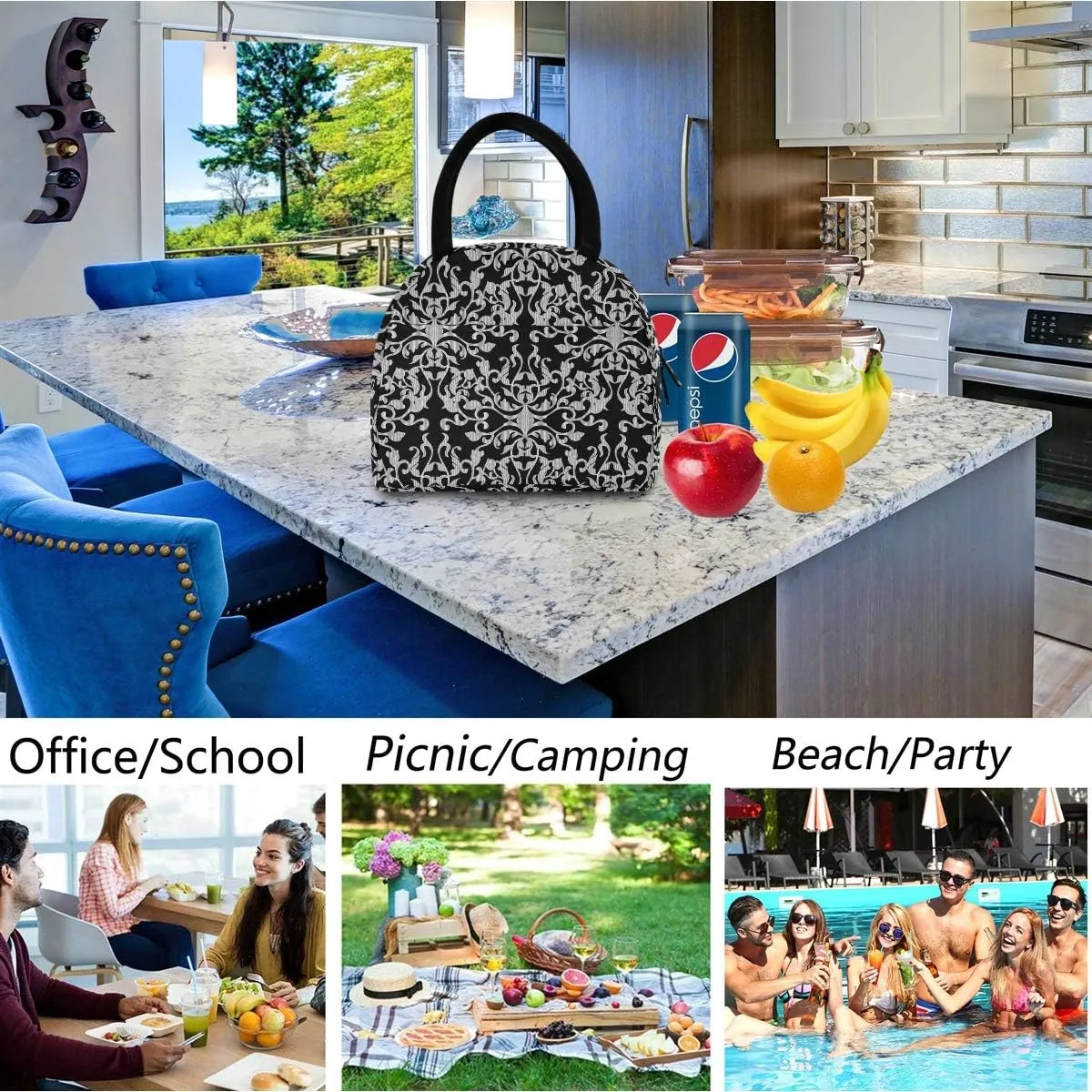 Baroque Damask Luxury Pattern Reusable Lunch Tote Bag with Front Pocket Zipper Closure Insulated Cooler Container Bag for Man Women Work Picnic Travel Beach Fishing