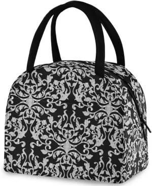 Baroque Damask Luxury Pattern Reusable Lunch Tote Bag with Front Pocket Zipper Closure Insulated Cooler Container Bag for Man Women Work Picnic Travel Beach Fishing