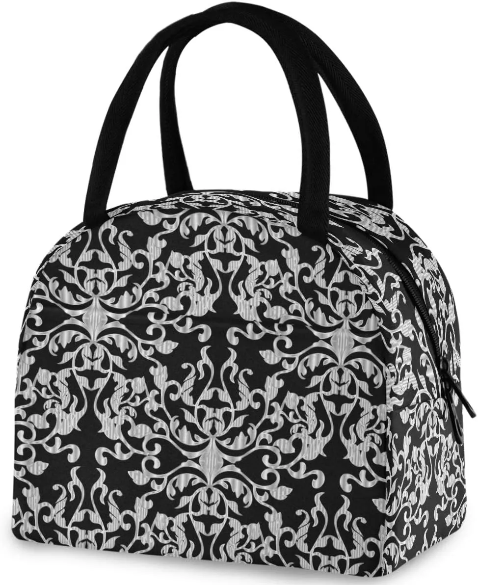 Baroque Damask Luxury Pattern Reusable Lunch Tote Bag with Front Pocket Zipper Closure Insulated Cooler Container Bag for Man Women Work Picnic Travel Beach Fishing