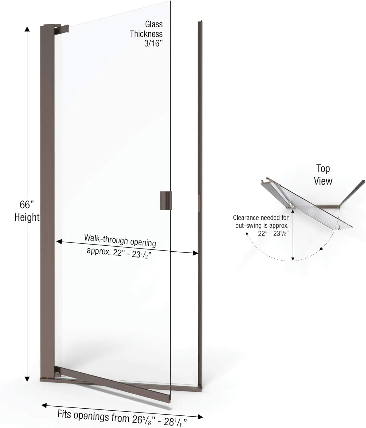 Basco ARMN00A2866CLOR Armon Single Swing Shower Door, Oil Rubbed Bronze, 28.125 in. width x 66 in. height