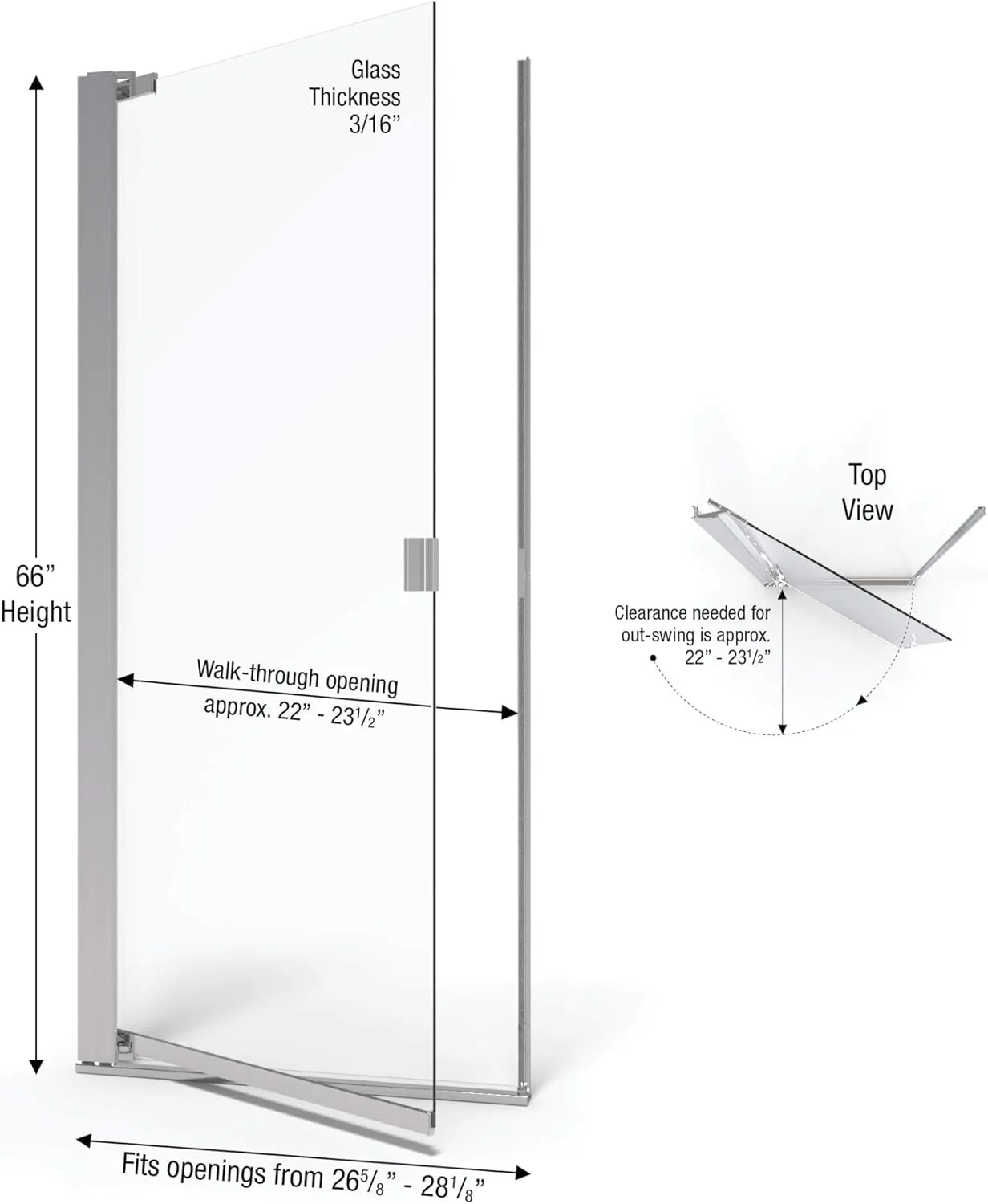 Basco Armon 26.625 to 28.125 in. width, Semi-Frameless Pivot Shower Door, AquaglideXP Clear Glass, Silver Finish