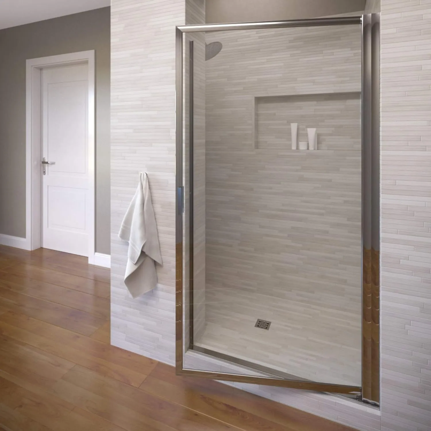 Basco Sopora 31.125- 32.875 in. Width, Pivot Shower Door, Clear Glass, Chrome Finish