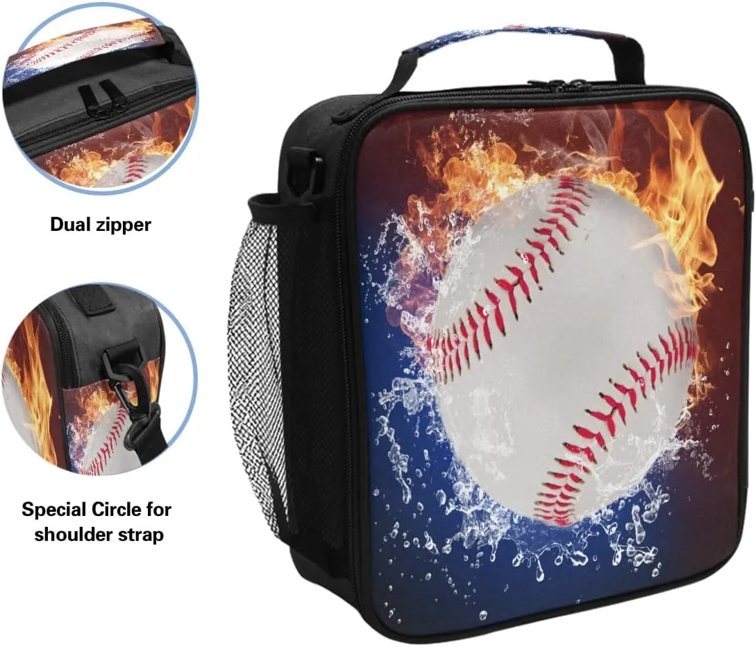 Baseball Ice Fire Lunch Bag with Adjustable Shoulder Strap Outdoor Sports Insulated Lunch Bags Box Cooler Thermal Reusable Lunch Tote bag for Women Men