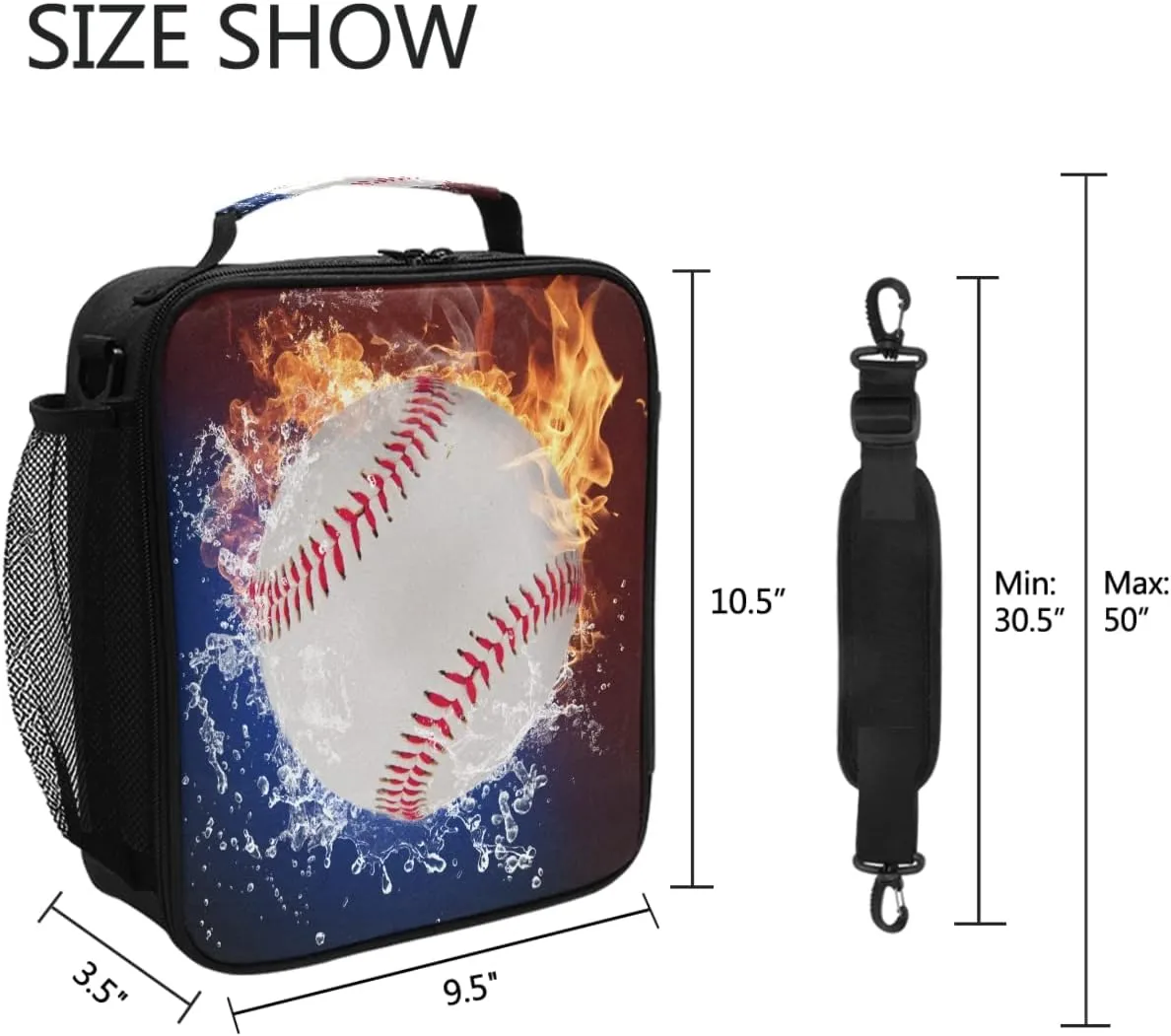 Baseball Ice Fire Lunch Bag with Adjustable Shoulder Strap Outdoor Sports Insulated Lunch Bags Box Cooler Thermal Reusable Lunch Tote bag for Women Men
