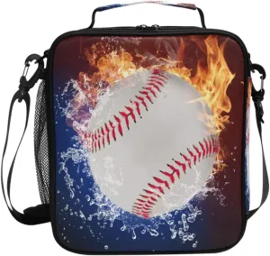 Baseball Ice Fire Lunch Bag with Adjustable Shoulder Strap Outdoor Sports Insulated Lunch Bags Box Cooler Thermal Reusable Lunch Tote bag for Women Men