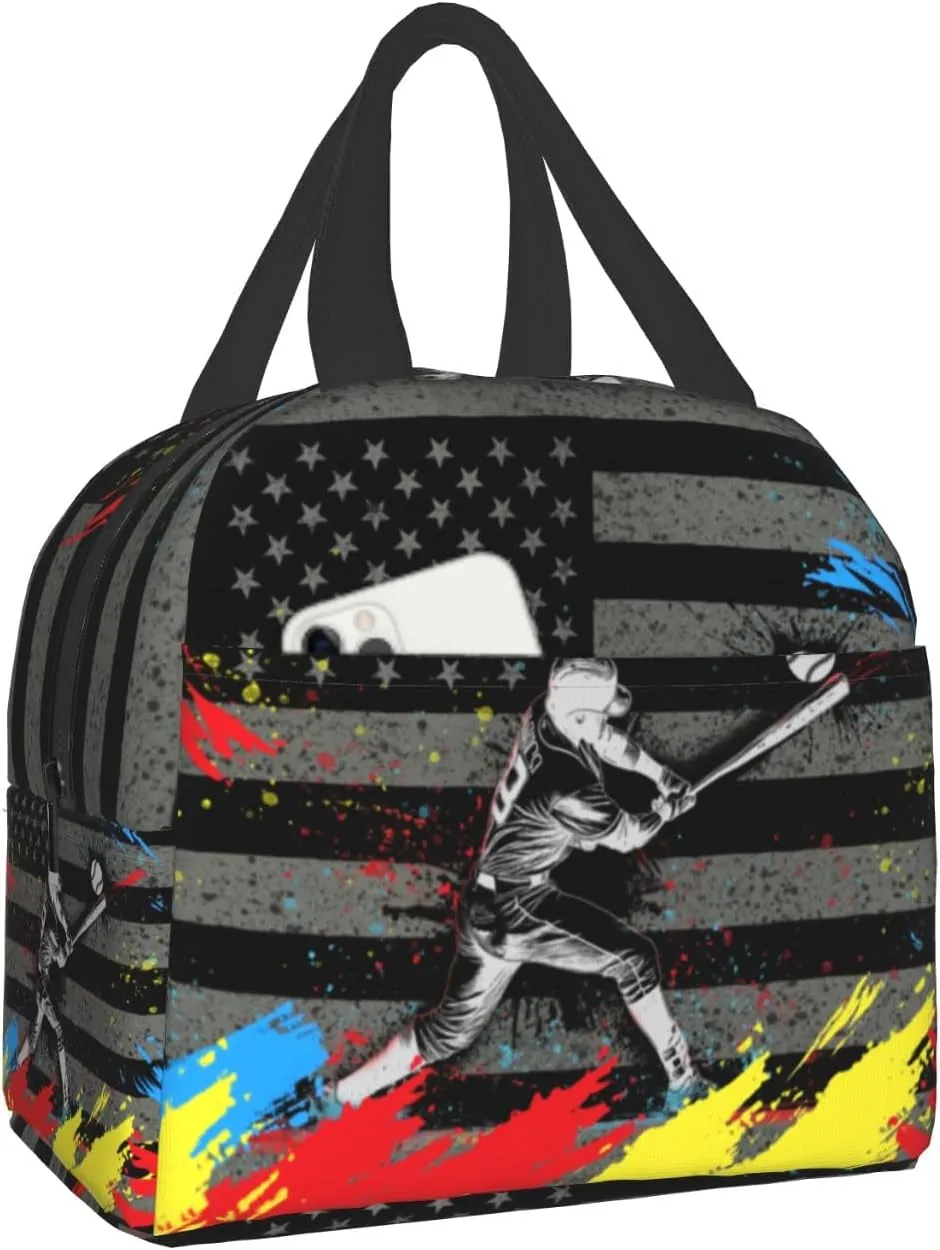 Baseball Player Lunch Bag for Sports Boys American Flag Reusable Insulated Lunch Tote Lunch Box Black Cooler Thermal Lunch Tote Bag for School Work Picnic